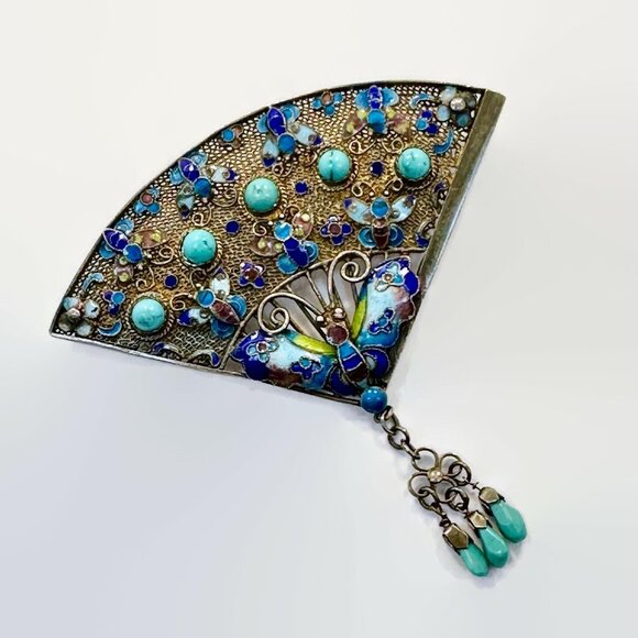 Butterfly  Brooch, Chinese Export, Sterling Silver, Turquoise, 1930s, Fan, Gold - Picture 2 of 4